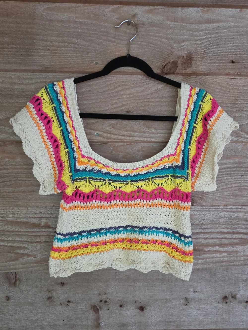 Zara Size Small Cream Crochet Scoop Crop Top with Pink, Yellow & Blue Accents